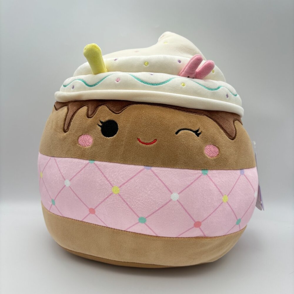 Squishmallows 12" Allegra Winking Chocolate Frappe Pink Sleeve Stuffed Plush Toy
